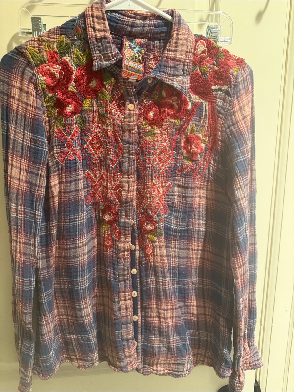 Johnny Was Red and Blue Plaid Button-Down with Red Floral Embroidery